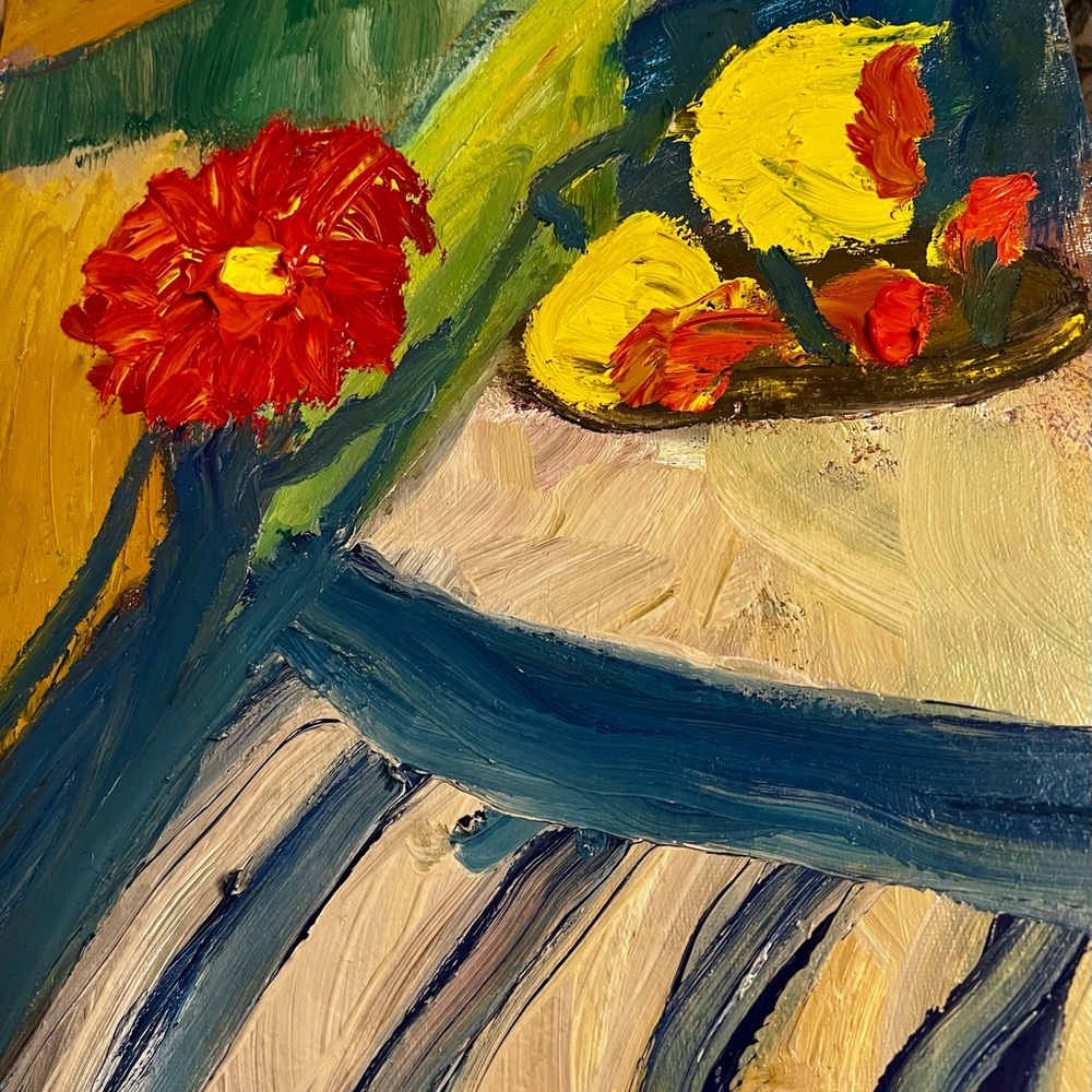 Abstract Floral Oil Painting - Red & Yellow Home Art. Flowers and Fruit